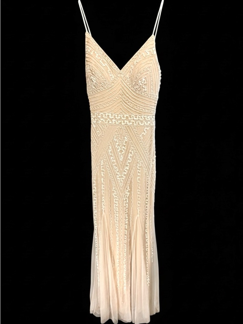 MARINA Beaded Spaghetti Strap Evening Gown - Champagne
